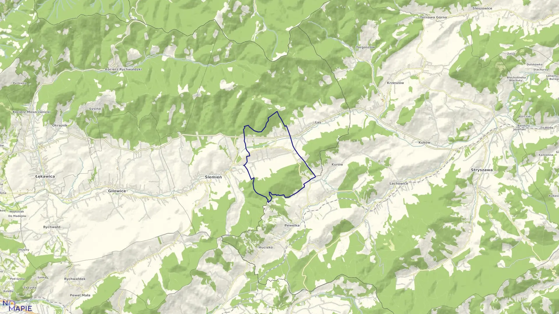 Mapa obrębu Kocoń w gminie Ślemień