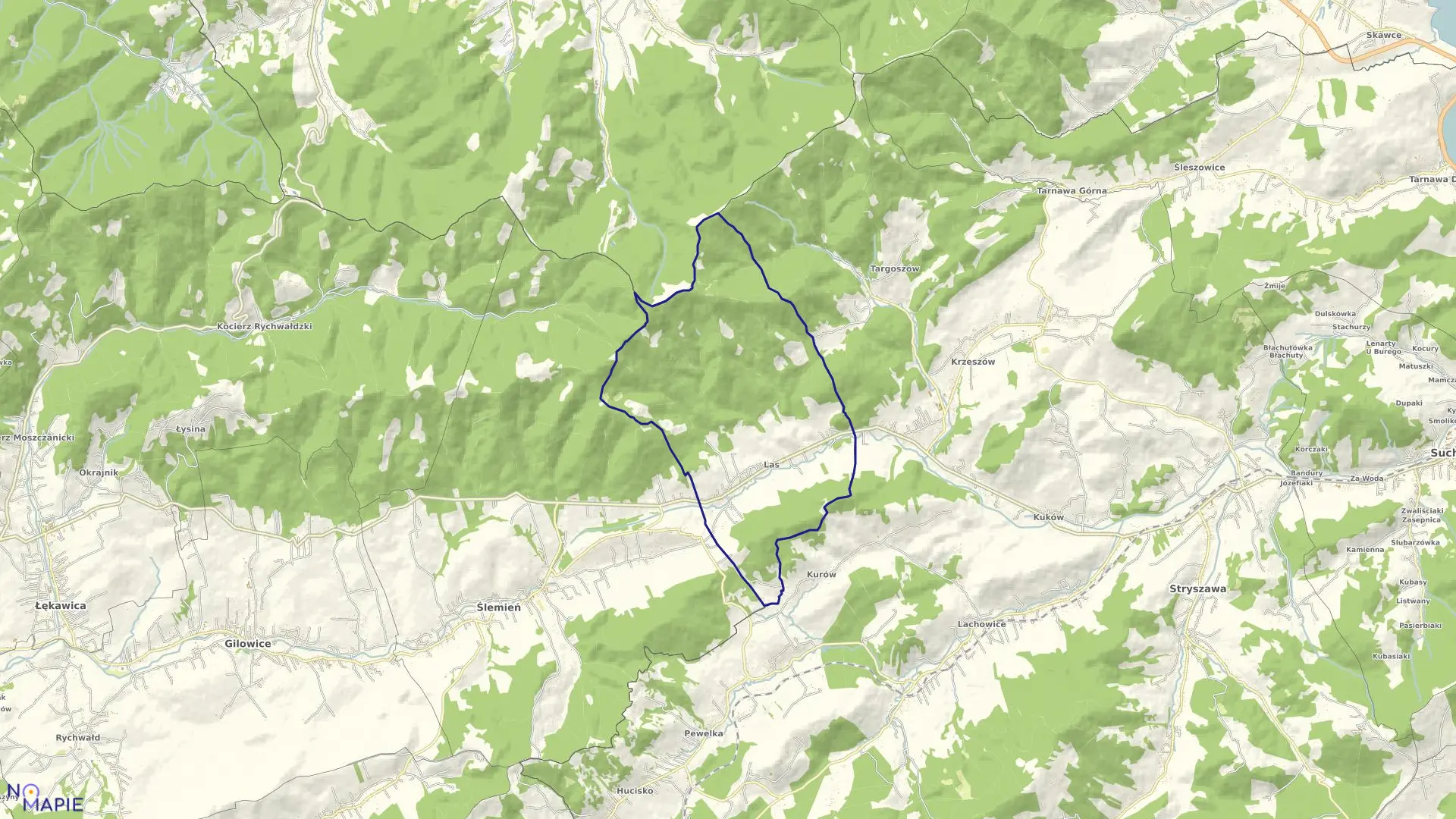 Mapa obrębu Las w gminie Ślemień